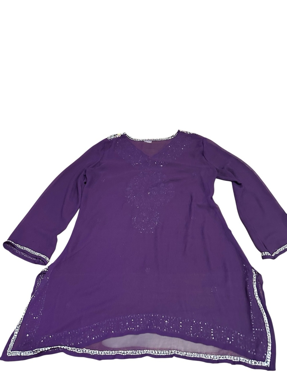 Made in India Embellished Purple Tunic Dress‎ Top 2XL Beaded Sequin Sheer Sleeve - Picture 6 of 14